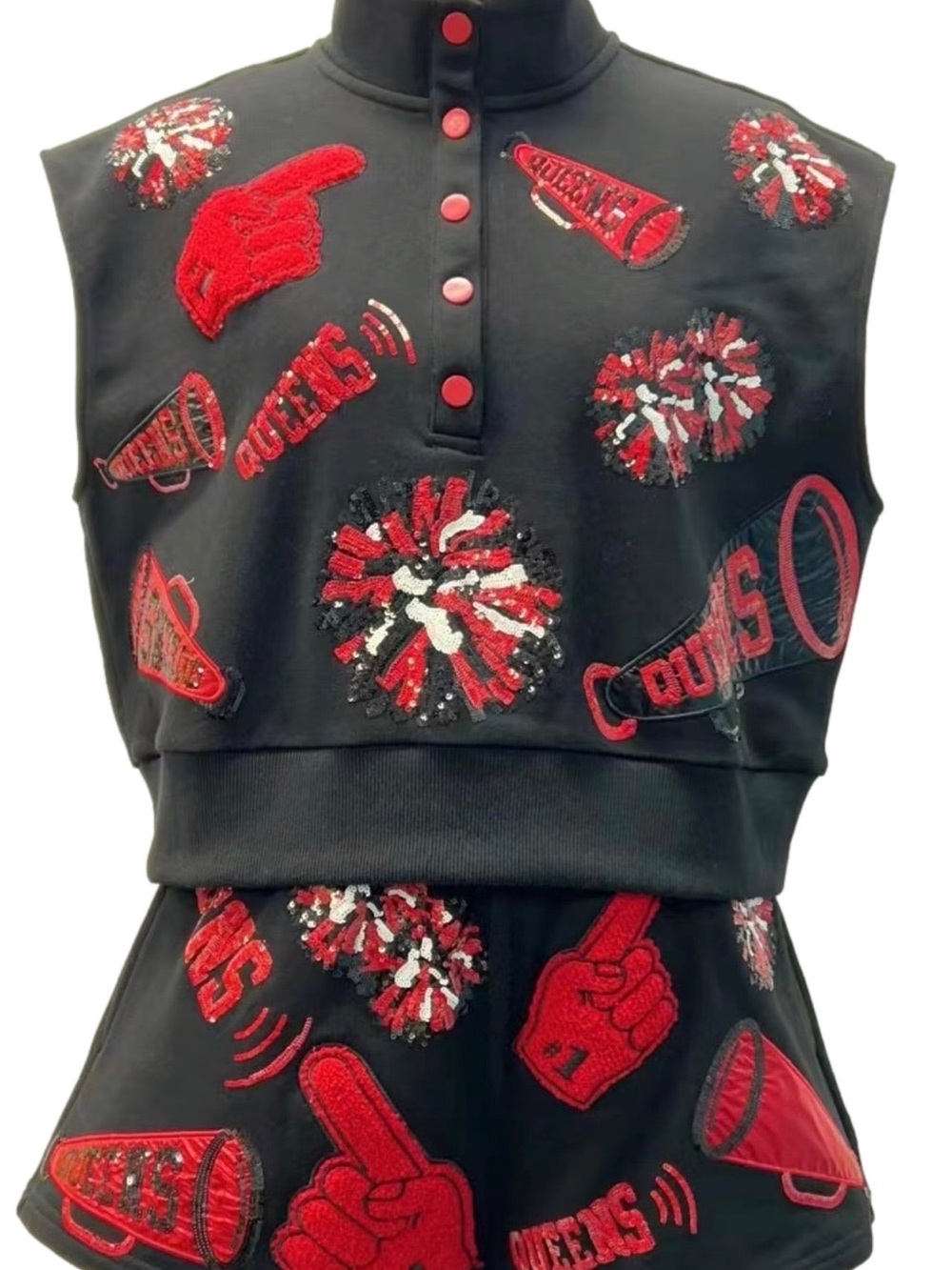 QUEEN OF SPARKLES Black & Red Embellished Muscle Tee
